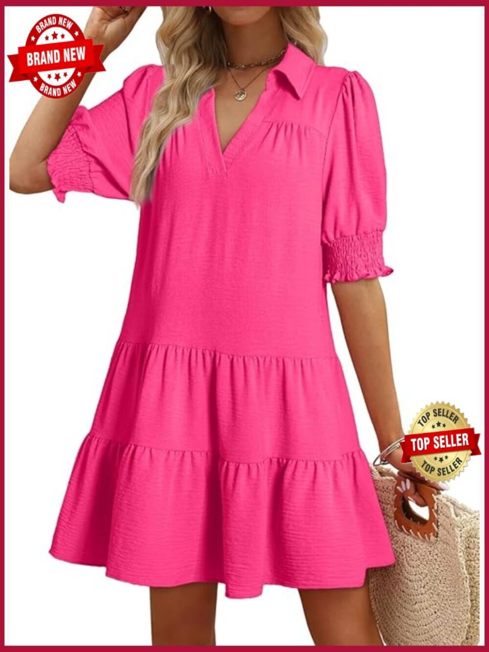 Lapel Collar V Neck Midi Dress, Pleated A-line Short Sleeve Summer Dress